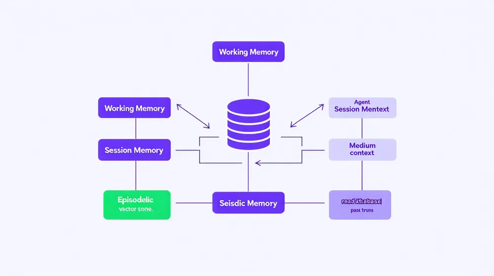 Agent memory architecture showing working memory, episodic memory store, and semantic vector retrieval flow