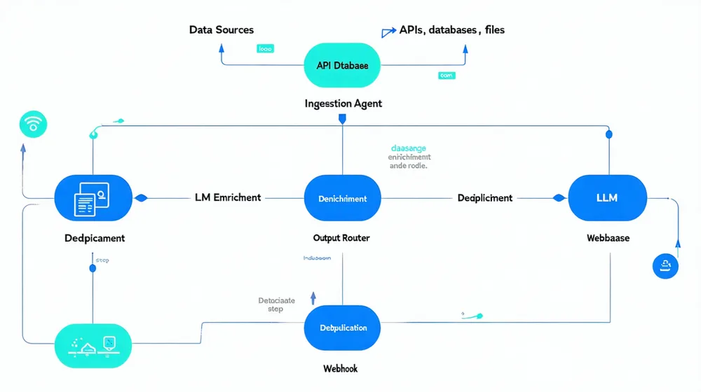 Data pipeline agent flow showing ingestion, enrichment with LLM reasoning, deduplication, and output routing