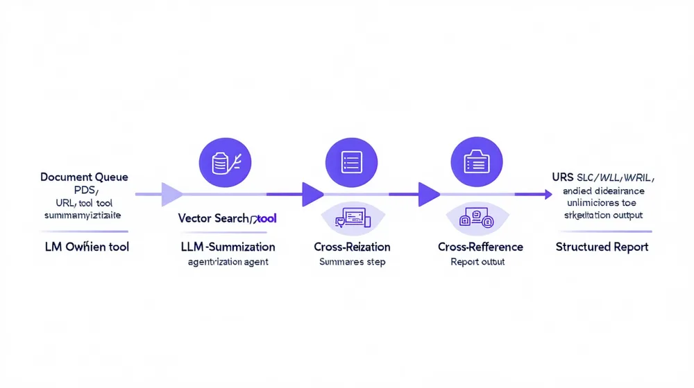 Research synthesis agent workflow: document queue, vector search, LLM summarization, cross-reference, and structured report output