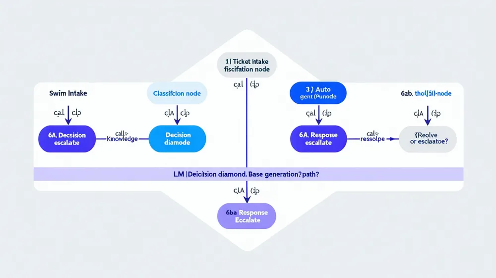 Flow diagram showing a customer support agent workflow: ticket intake, classification, knowledge base lookup, response generation, and escalation decision